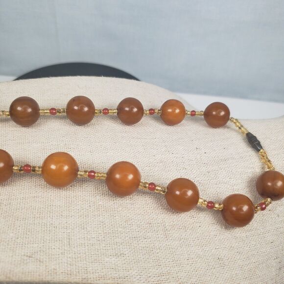 Vintage Round Butterscotch Bakelite Beads w/Sea Beads Barrel Clasp 19" Necklace - Picture 9 of 11